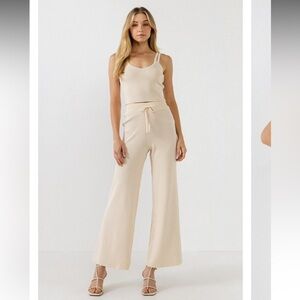 Endless Rose Ivory Cream Ribbed Banded Crop Top & Wide Leg Lounge Pants Set New